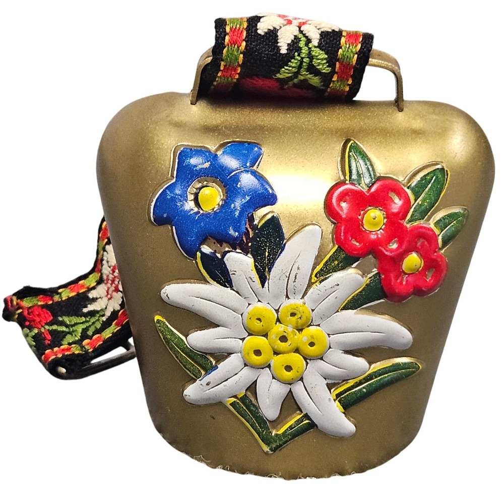 Vintage Alpine Floral Cowbell Decor Edelweiss Heart Strap Brass Bell Switzerland